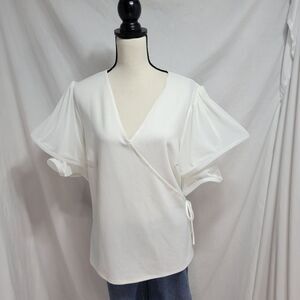WINDSOR White polyester + spandex faux wrap front blouse mesh sleeves pl…